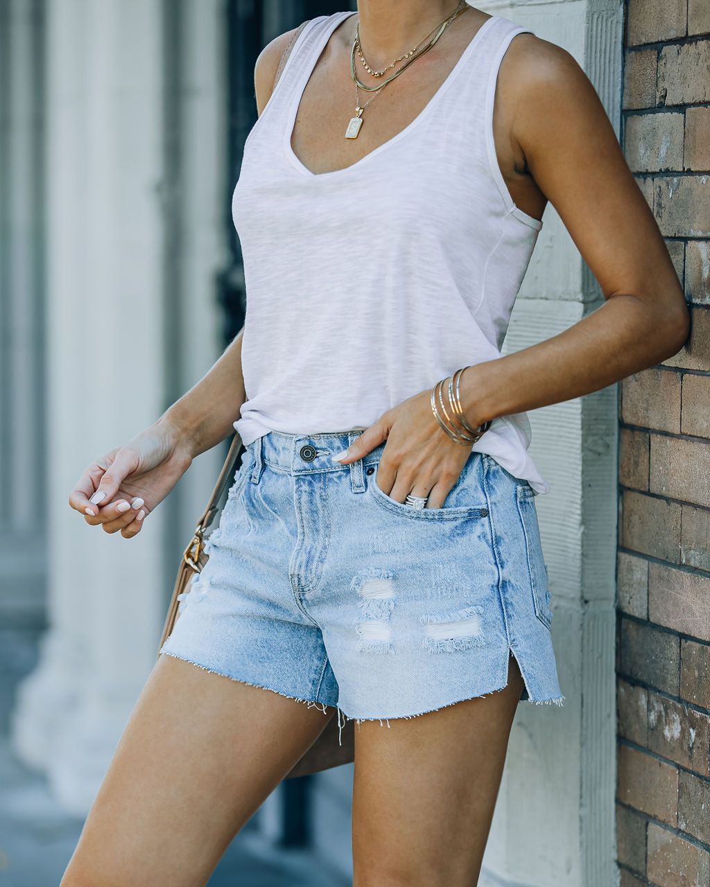 Shiva High Rise Distressed Denim Shorts sold by Vici product image thumbnail 8