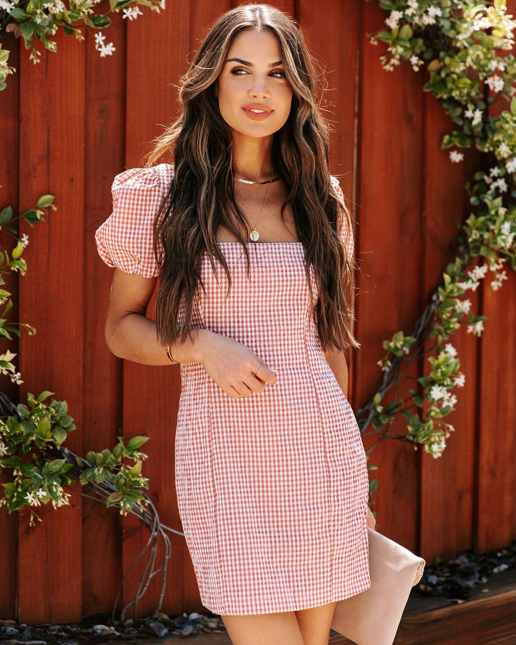 Miri Gingham Puff Sleeve Mini Dress - Dusty Rose - FINAL SALE sold by Vici product image thumbnail 3