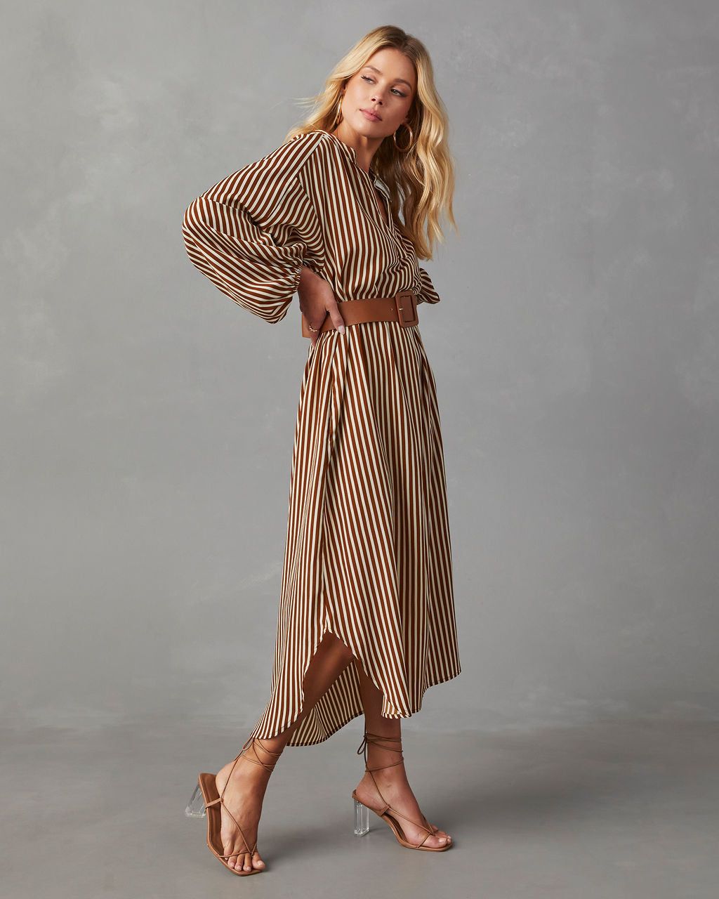 Dimarco Striped Pocketed Belted Midi Dress - Brown sold by Vici product image thumbnail 3