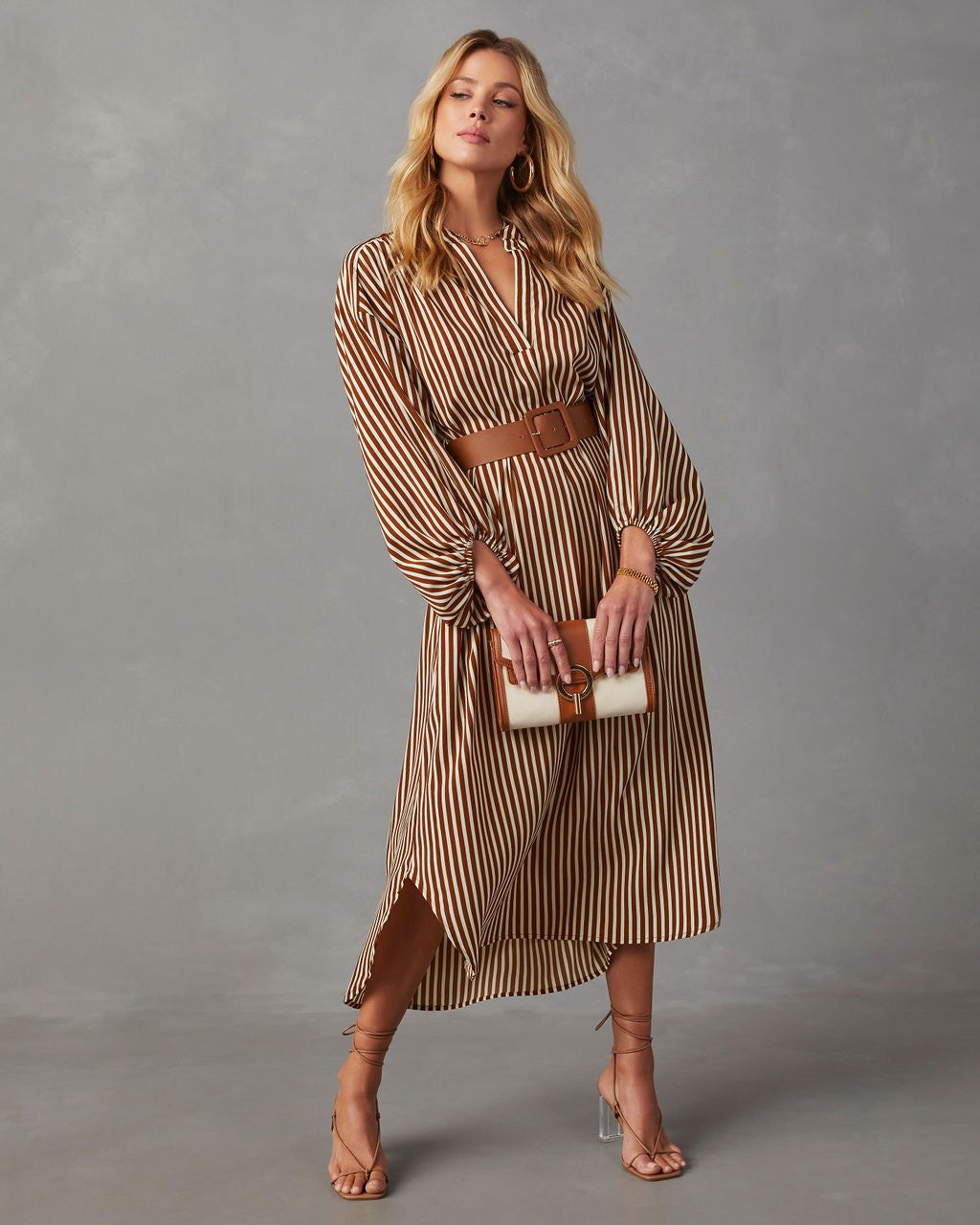 Dimarco Striped Pocketed Belted Midi Dress - Brown sold by Vici product image thumbnail 6