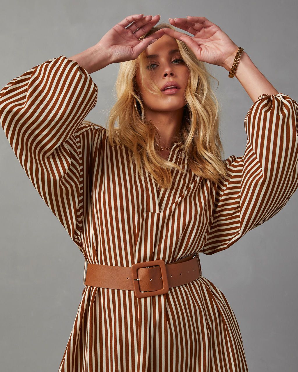 Dimarco Striped Pocketed Belted Midi Dress - Brown sold by Vici product image thumbnail 5