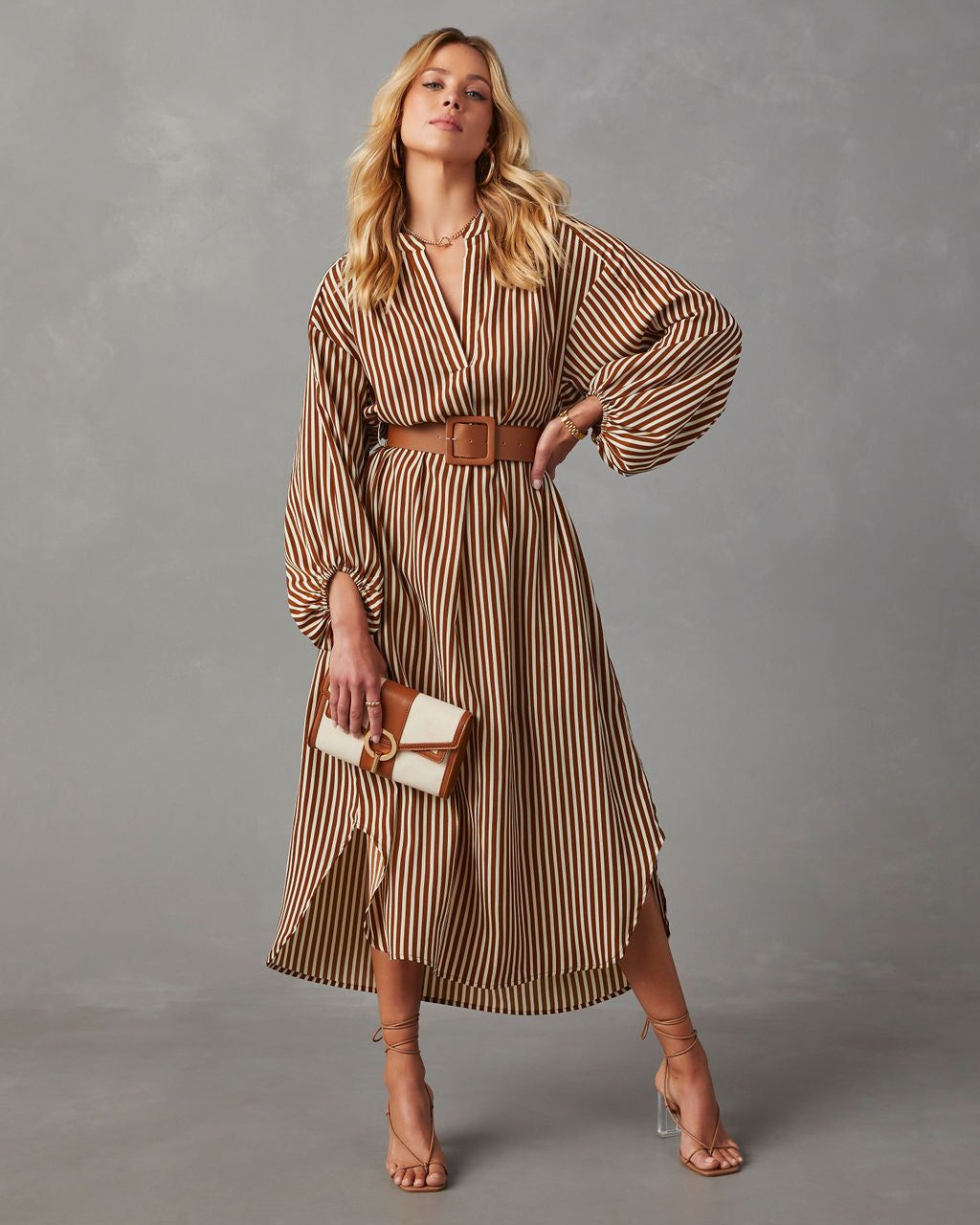 Dimarco Striped Pocketed Belted Midi Dress - Brown sold by Vici