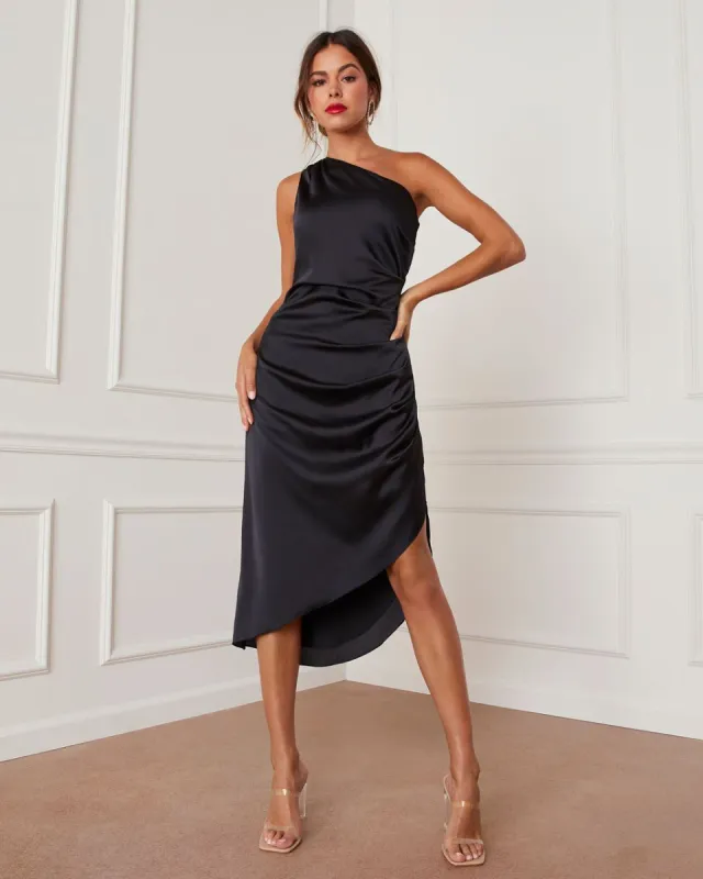 Bellamy One Shoulder Satin Slit Midi Dress - Black - LAST CHANCE sold by Vici