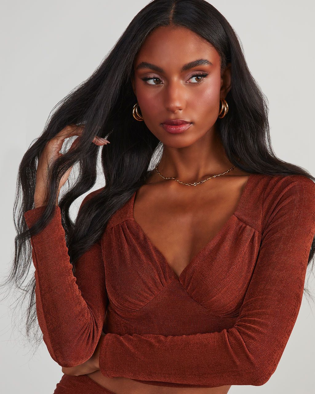 Weekend Vibes Slinky Long Sleeve Crop Top - Rust sold by Vici product image thumbnail 5