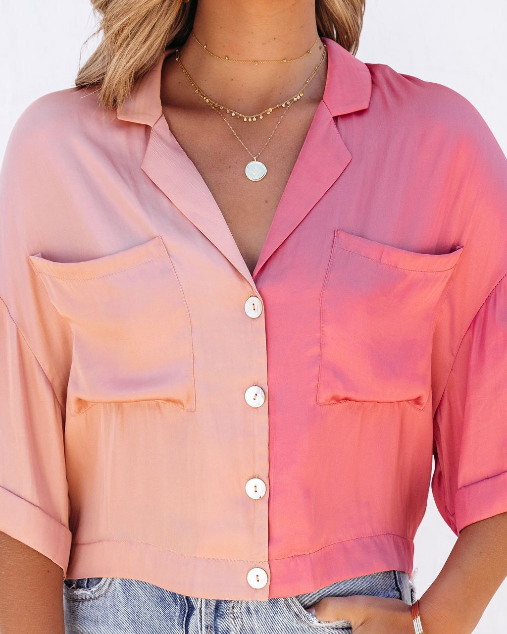 Catch Feels Satin Colorblock Button Down Top sold by Vici product image thumbnail 4