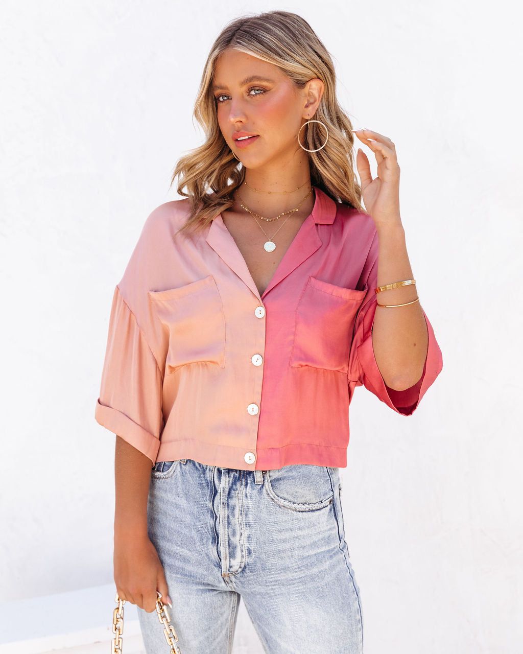 Catch Feels Satin Colorblock Button Down Top sold by Vici