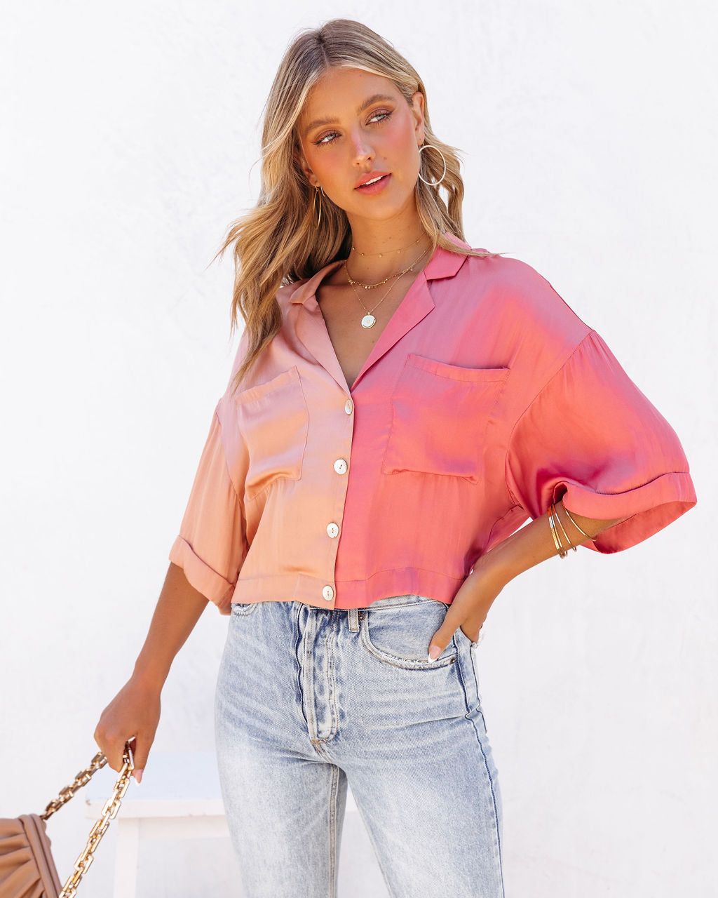 Catch Feels Satin Colorblock Button Down Top sold by Vici product image thumbnail 5