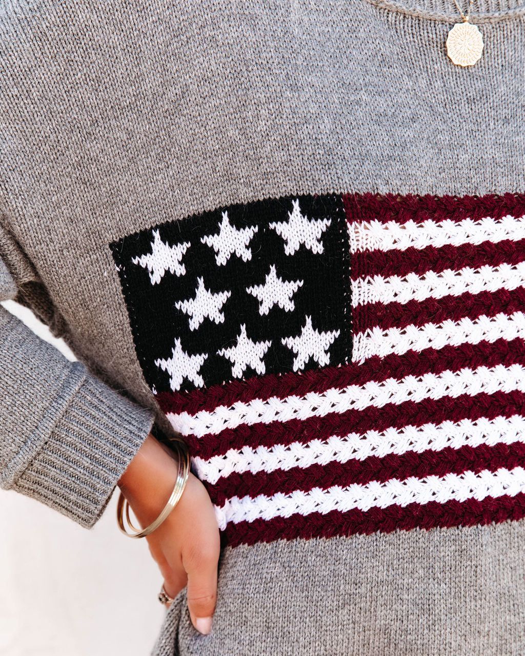 American Flag Relaxed Knit Sweater - Heather Grey - SALE sold by Vici product image thumbnail 4