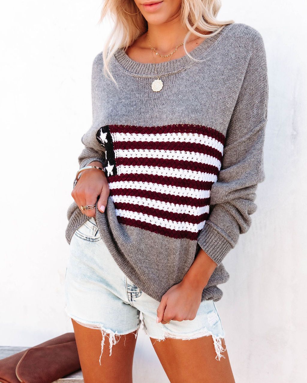 American Flag Relaxed Knit Sweater - Heather Grey - SALE sold by Vici product image thumbnail 9