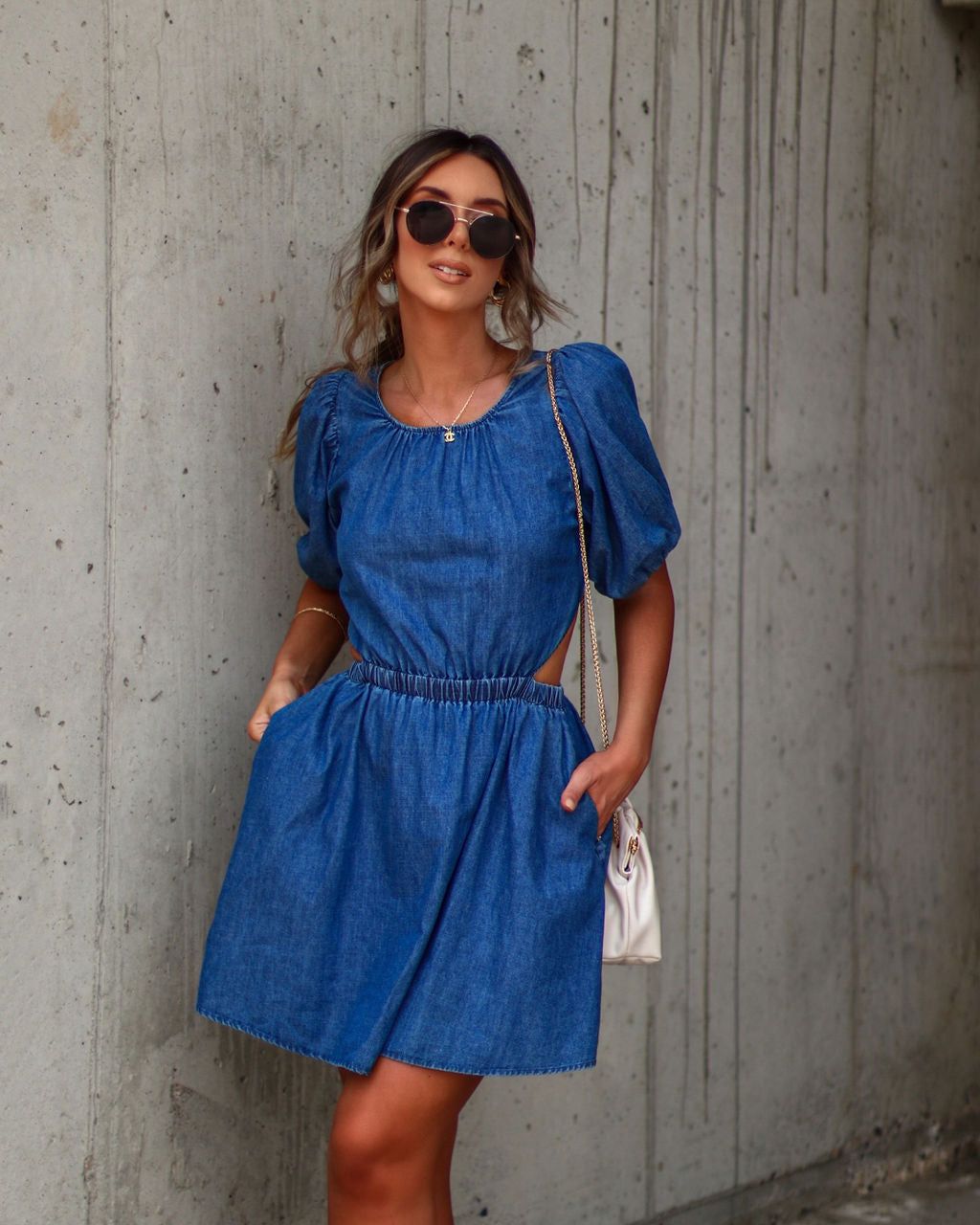 Jenisa Denim Puff Sleeve Mini Dress - Dark Denim - FINAL SALE sold by Vici product image thumbnail 5