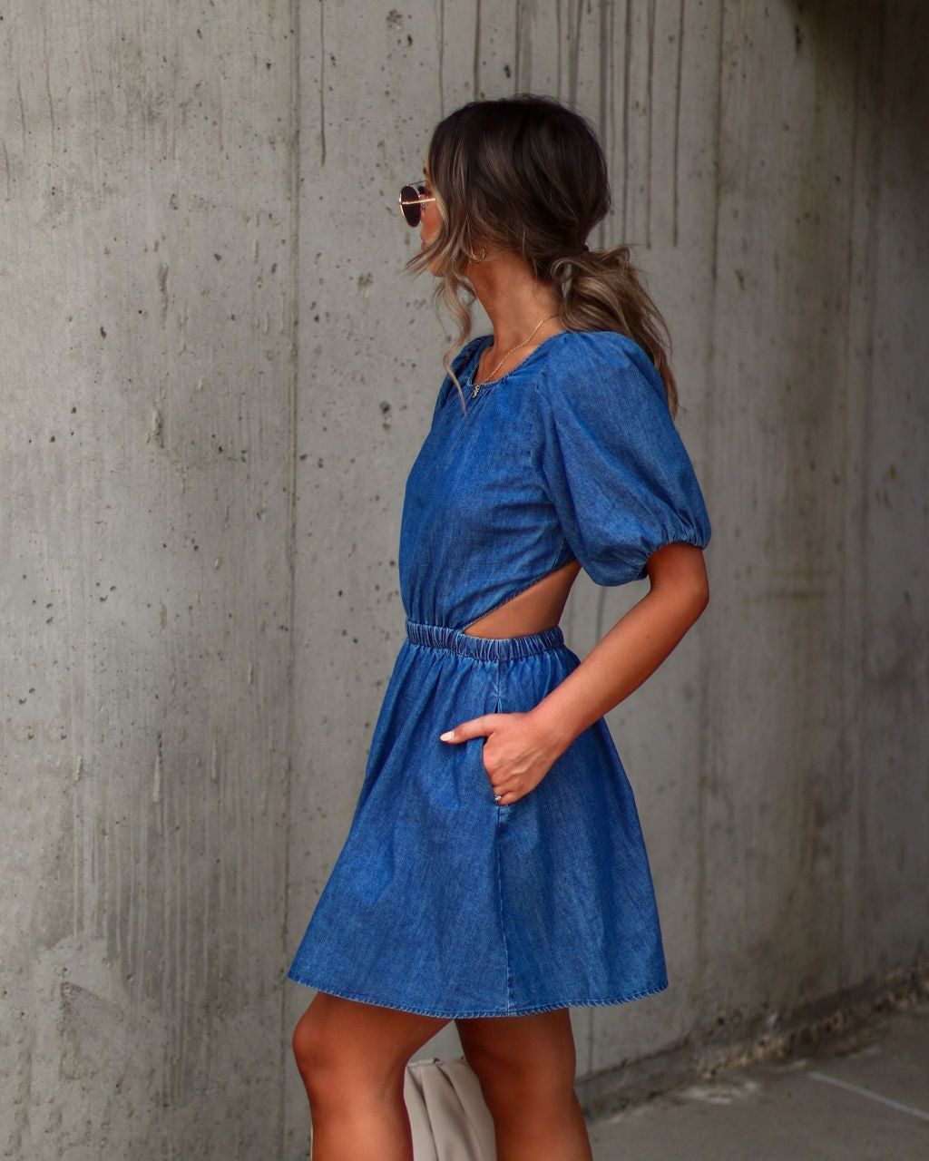 Jenisa Denim Puff Sleeve Mini Dress - Dark Denim - FINAL SALE sold by Vici product image thumbnail 4