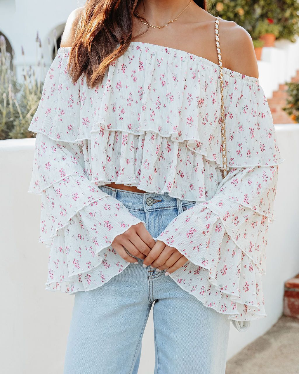 Willah Floral Tiered Off The Shoulder Top sold by Vici