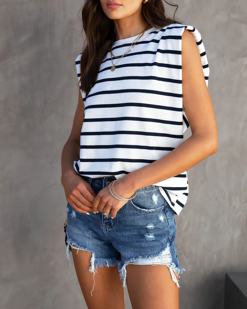 Skipper Cotton Striped Padded Shoulder Muscle Tee sold by Vici product image thumbnail 2