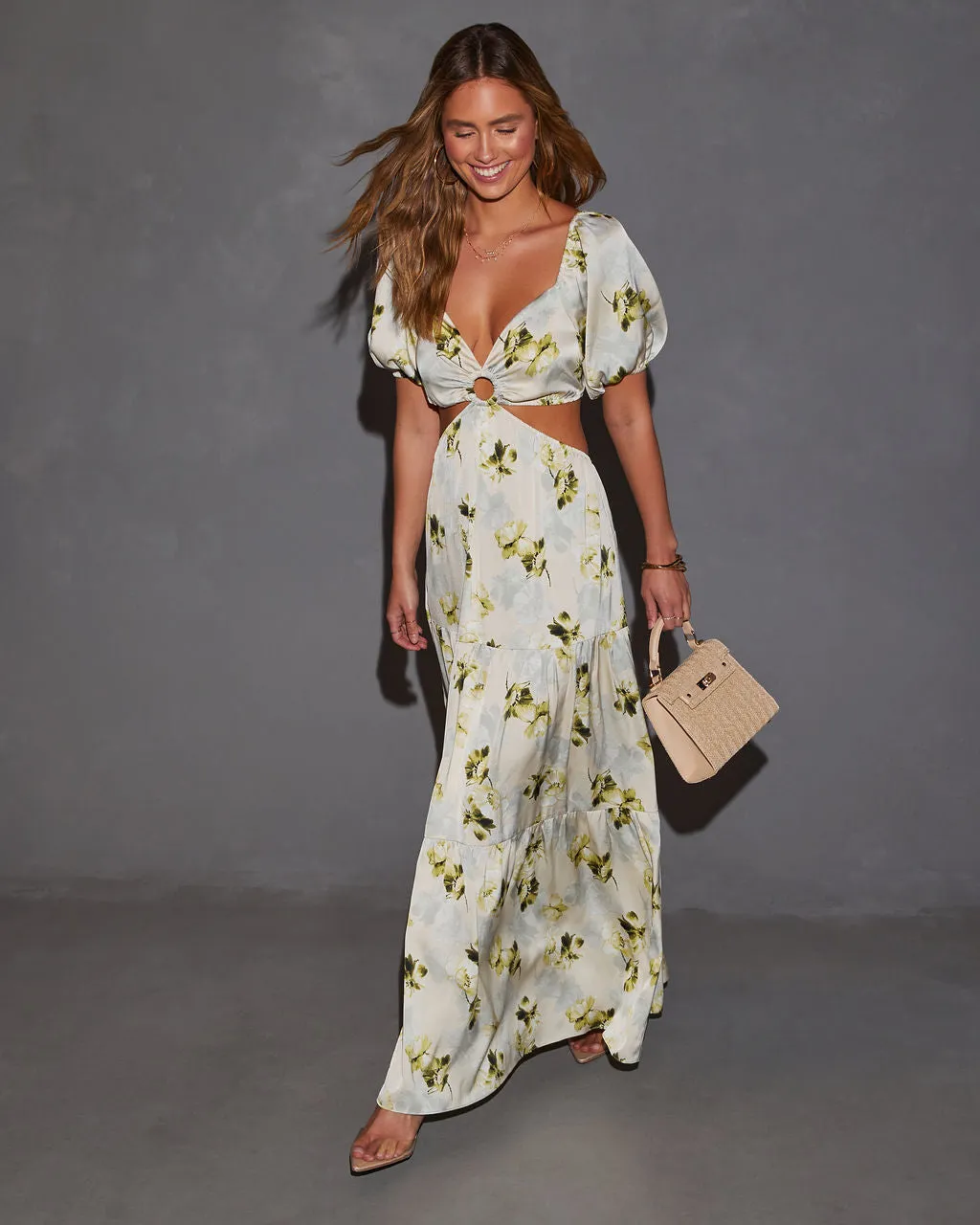 Cambria Satin Floral Puff Sleeve Maxi Dress sold by Vici