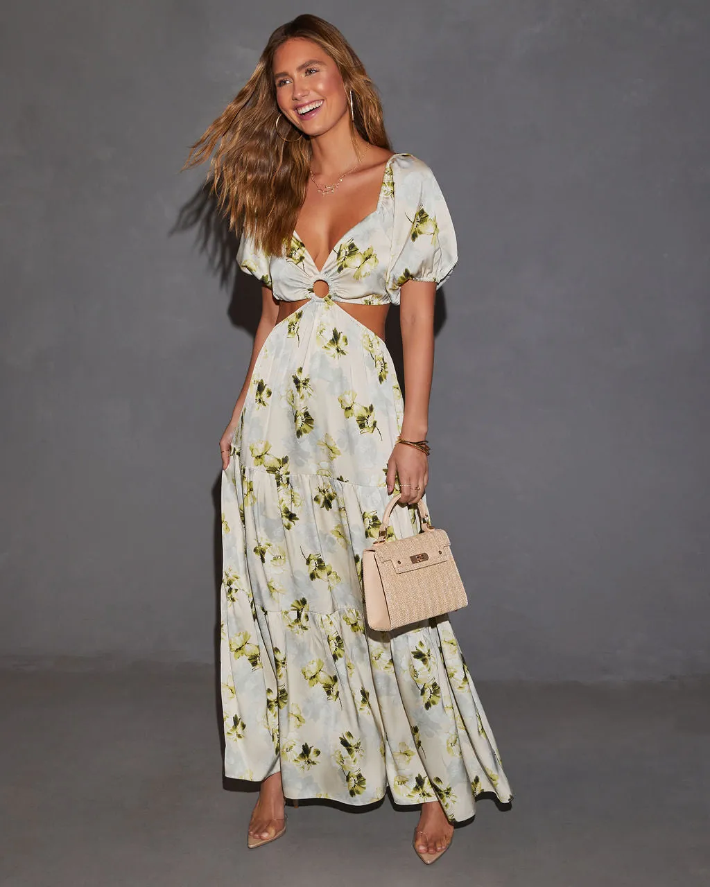 Cambria Satin Floral Puff Sleeve Maxi Dress sold by Vici product image thumbnail 2