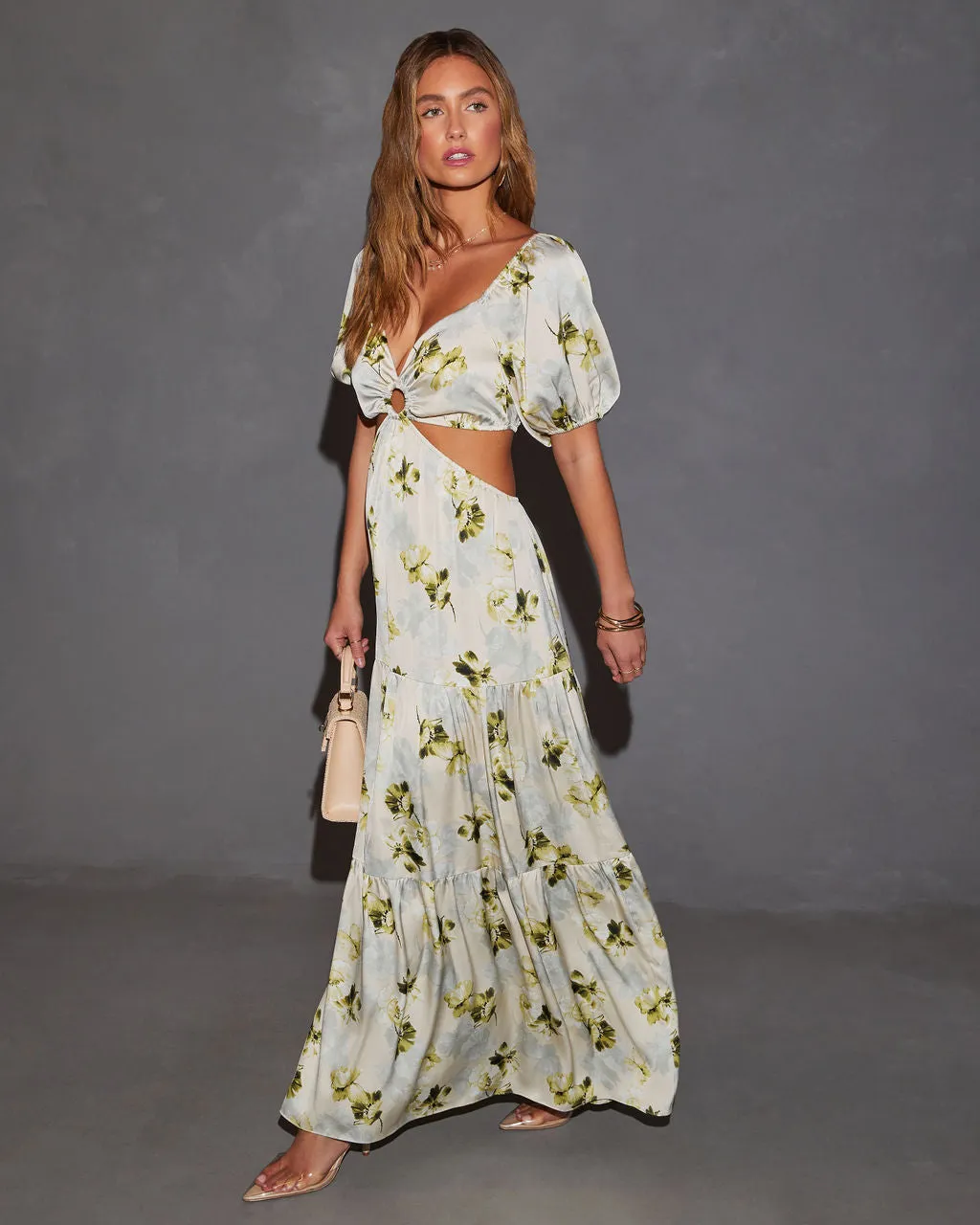 Cambria Satin Floral Puff Sleeve Maxi Dress sold by Vici product image thumbnail 4