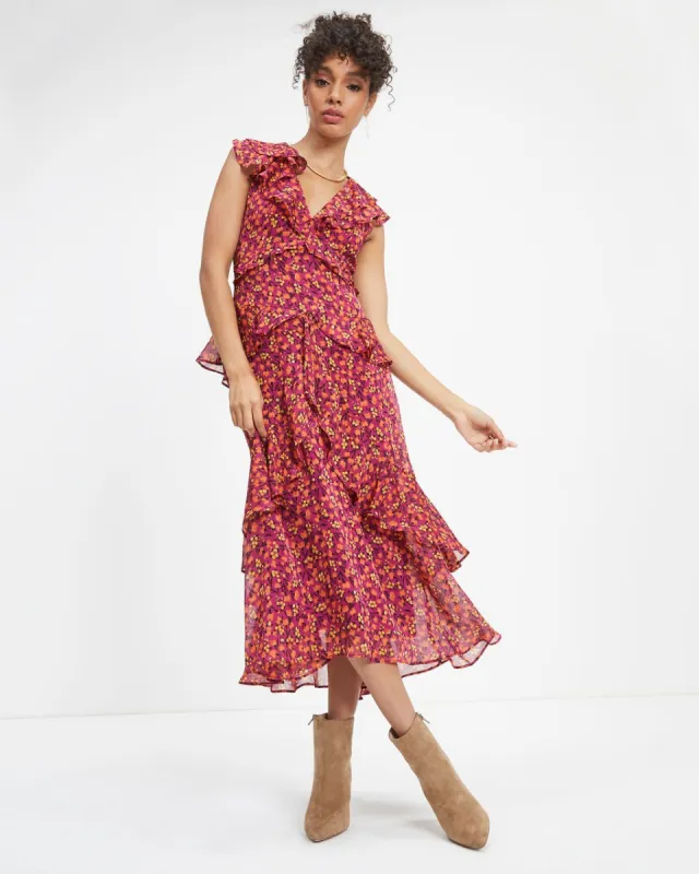 Autumn Wishes Floral Tiered Midi Dress sold by Vici
