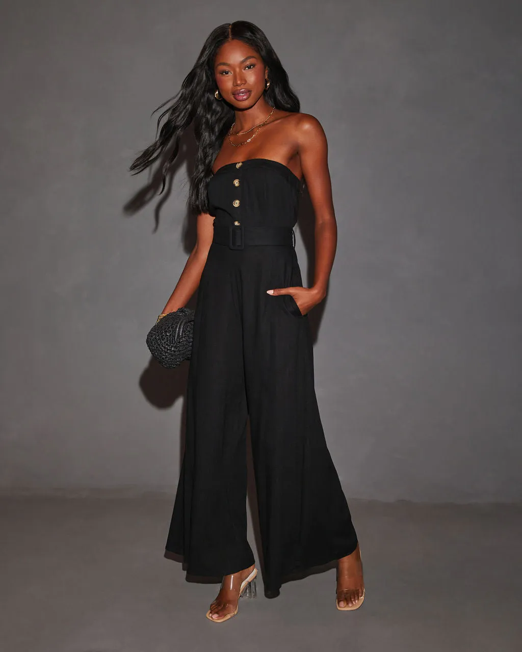 Kylan Linen Blend Belted Strapless Jumpsuit sold by Vici product image thumbnail 5