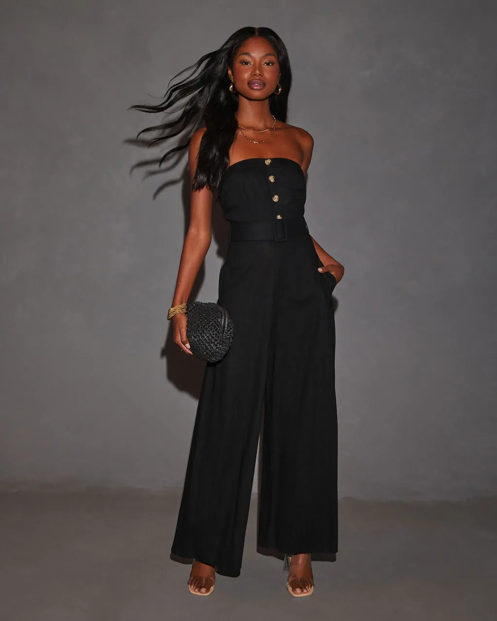 Kylan Linen Blend Belted Strapless Jumpsuit sold by Vici