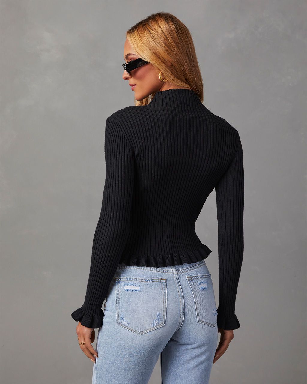 Bevelle Mock Neck Ruffle Hem Sweater - Black sold by Vici product image thumbnail 4