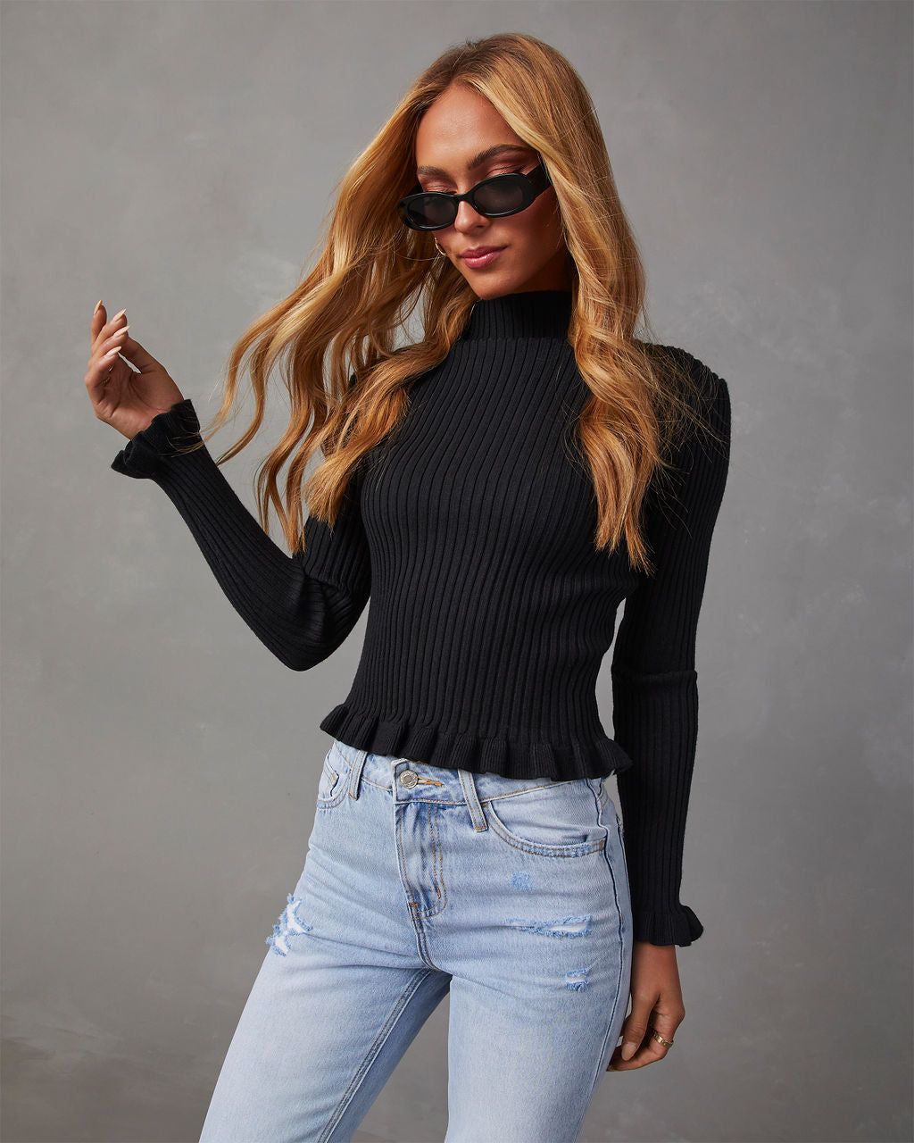 Bevelle Mock Neck Ruffle Hem Sweater - Black sold by Vici product image thumbnail 6