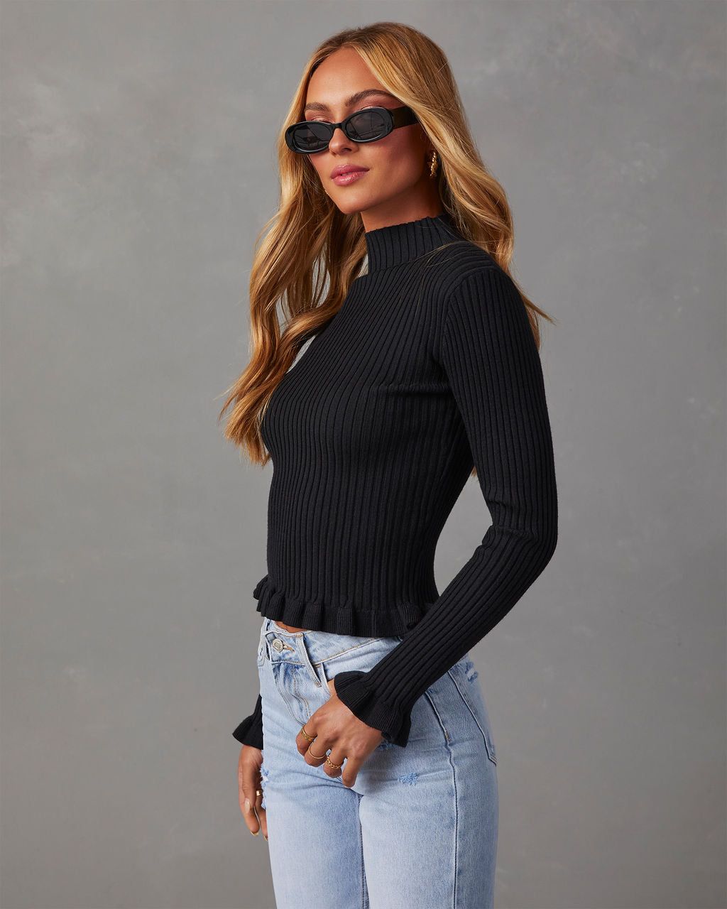 Bevelle Mock Neck Ruffle Hem Sweater - Black sold by Vici product image thumbnail 3