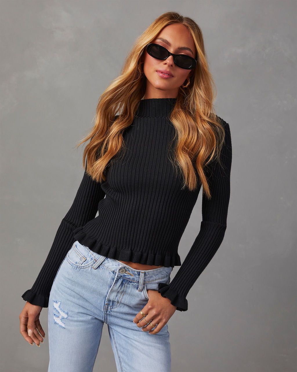 Bevelle Mock Neck Ruffle Hem Sweater - Black sold by Vici product image thumbnail 2