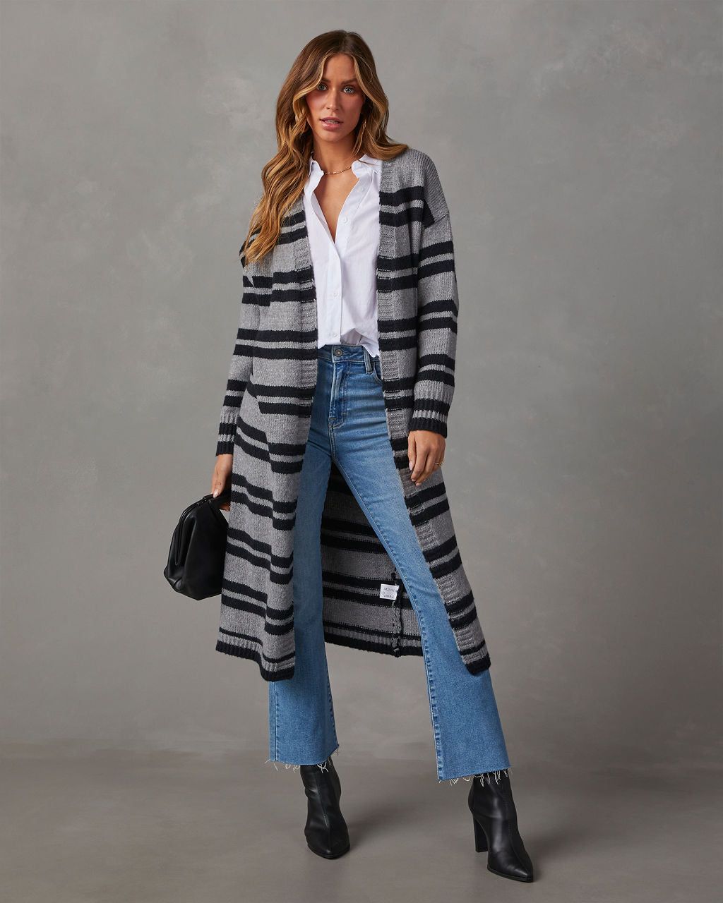 Jorja Striped Duster Cardigan - Black/Grey sold by Vici