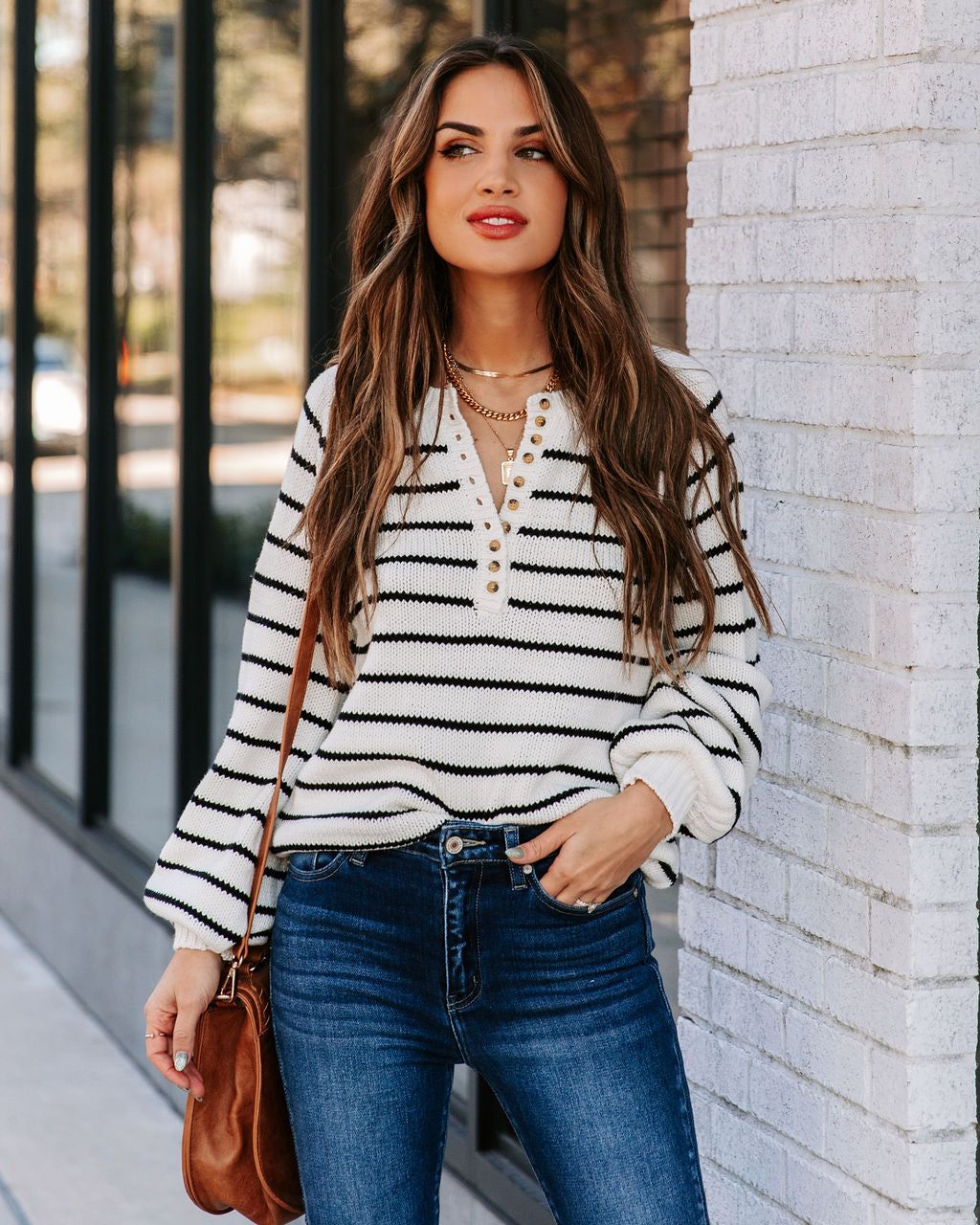 Rylie Cotton Blend Striped Henley Sweater - Ivory - FINAL SALE sold by Vici