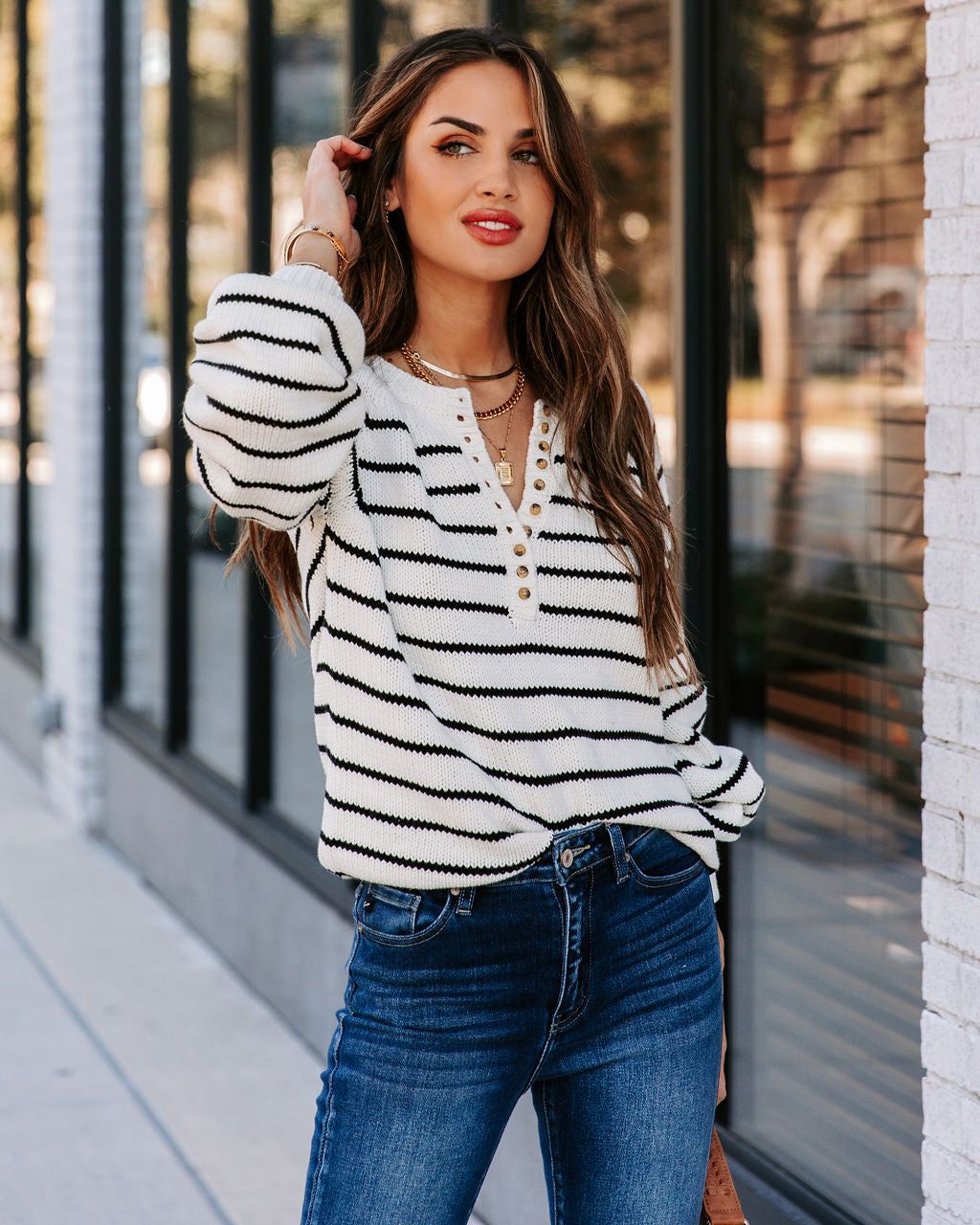 Rylie Cotton Blend Striped Henley Sweater - Ivory - FINAL SALE sold by Vici product image thumbnail 7
