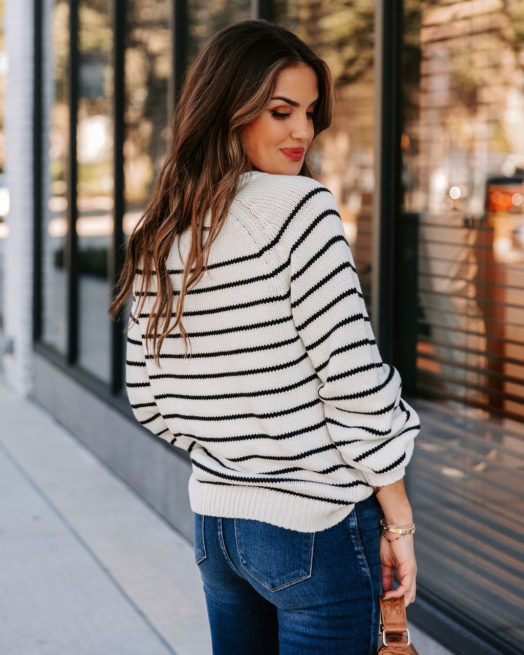 Rylie Cotton Blend Striped Henley Sweater - Ivory - FINAL SALE sold by Vici product image thumbnail 2