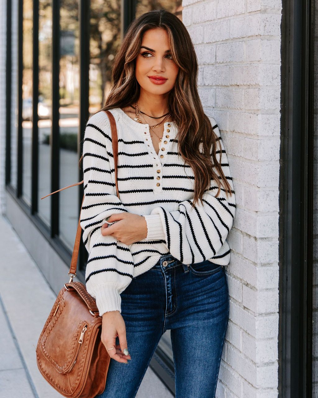 Rylie Cotton Blend Striped Henley Sweater - Ivory - FINAL SALE sold by Vici product image thumbnail 3
