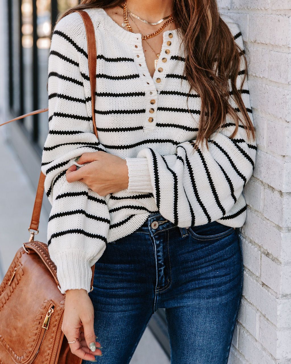 Rylie Cotton Blend Striped Henley Sweater - Ivory - FINAL SALE sold by Vici product image thumbnail 5