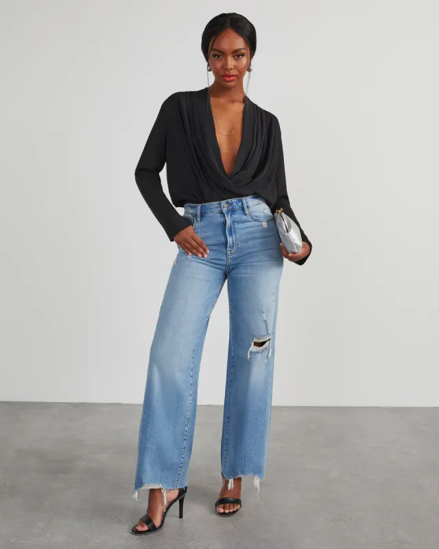 Attraction Long Sleeve Drape Bodysuit - Black sold by Vici