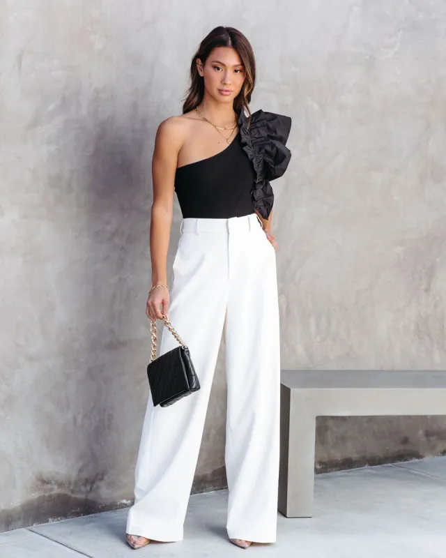 Statement Maker Ribbed One Shoulder Ruffle Bodysuit sold by Vici