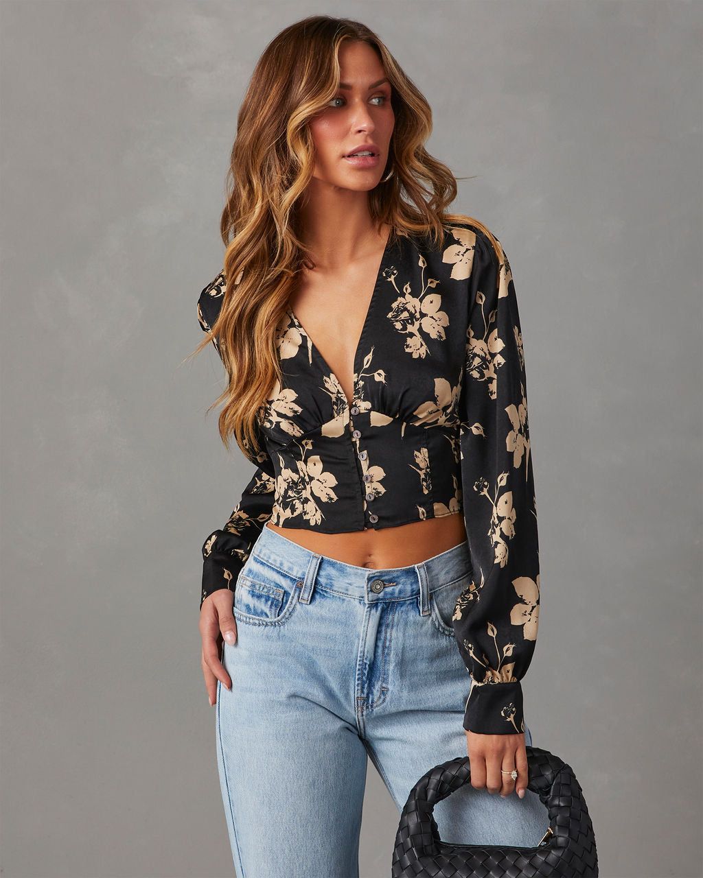 Got The Look Satin Floral Long Sleeve Top - Black sold by Vici product image thumbnail 6