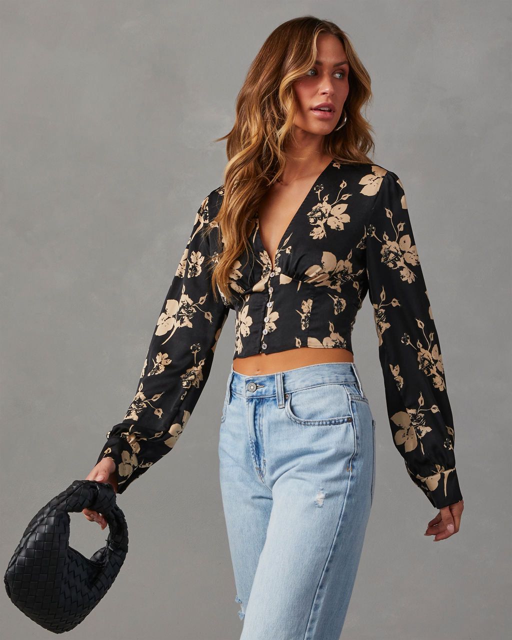 Got The Look Satin Floral Long Sleeve Top - Black sold by Vici product image thumbnail 3