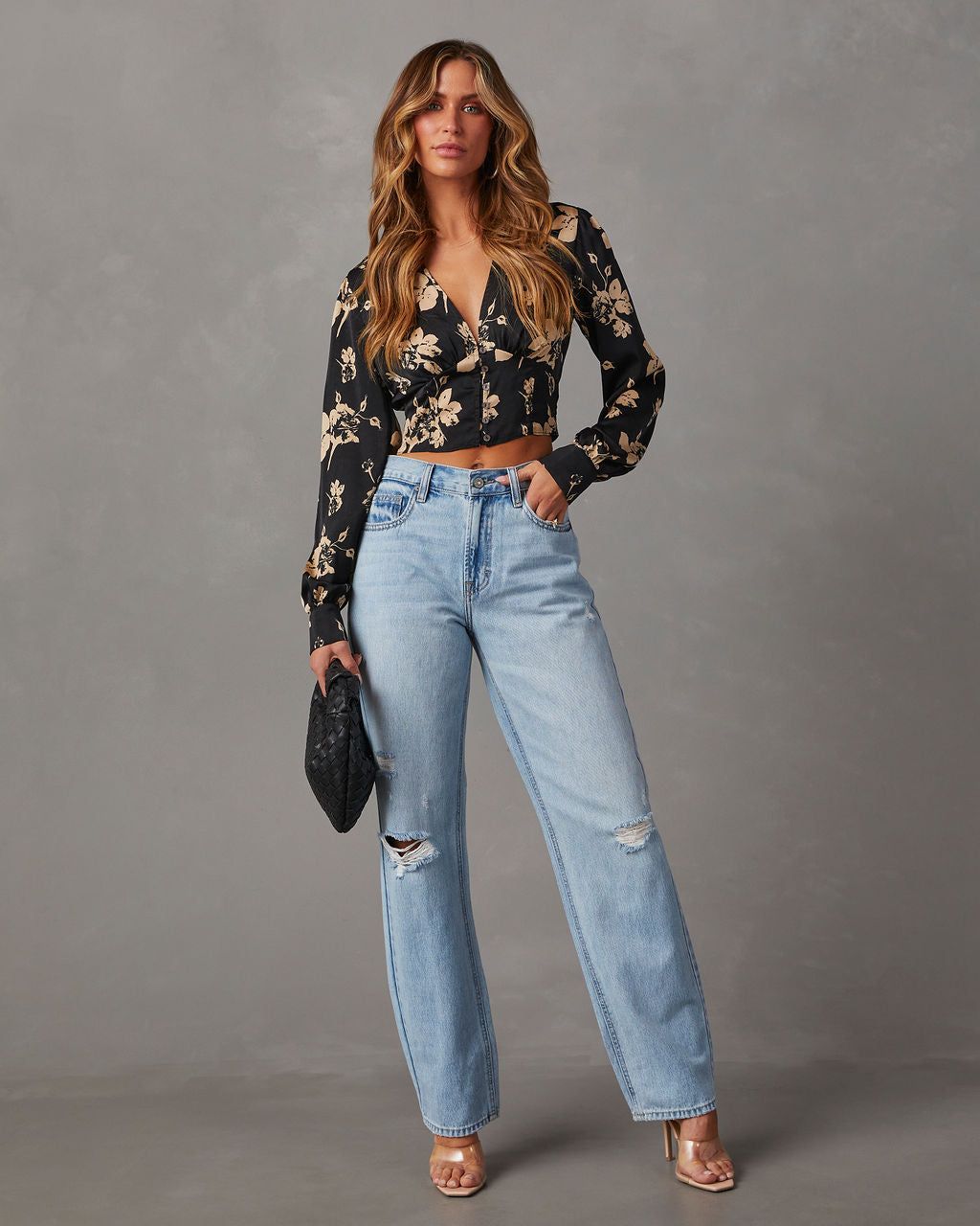 Got The Look Satin Floral Long Sleeve Top - Black sold by Vici product image thumbnail 5