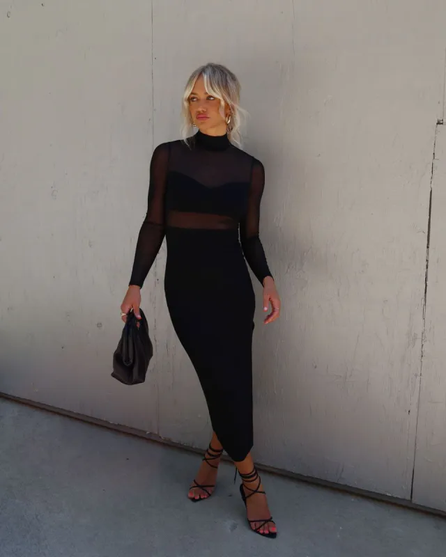 Monroe Sheer Mock Neck Midi Dress - Black sold by Vici