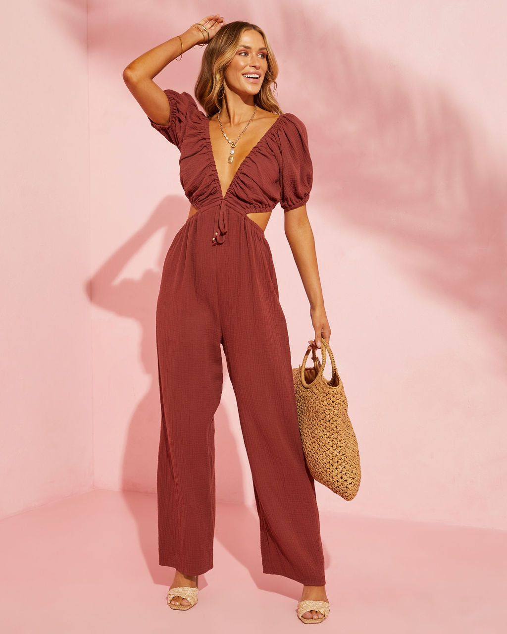 Jhene Cutout Short Sleeve Jumpsuit - Brown - FINAL SALE sold by Vici product image thumbnail 5