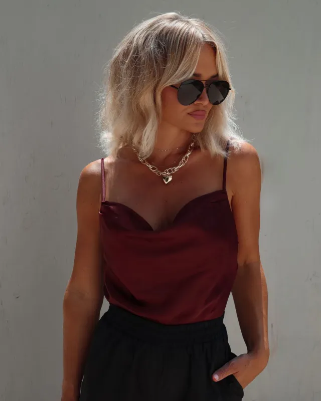 Halliwell Satin Cowl Neck Bodysuit - Burgundy sold by Vici