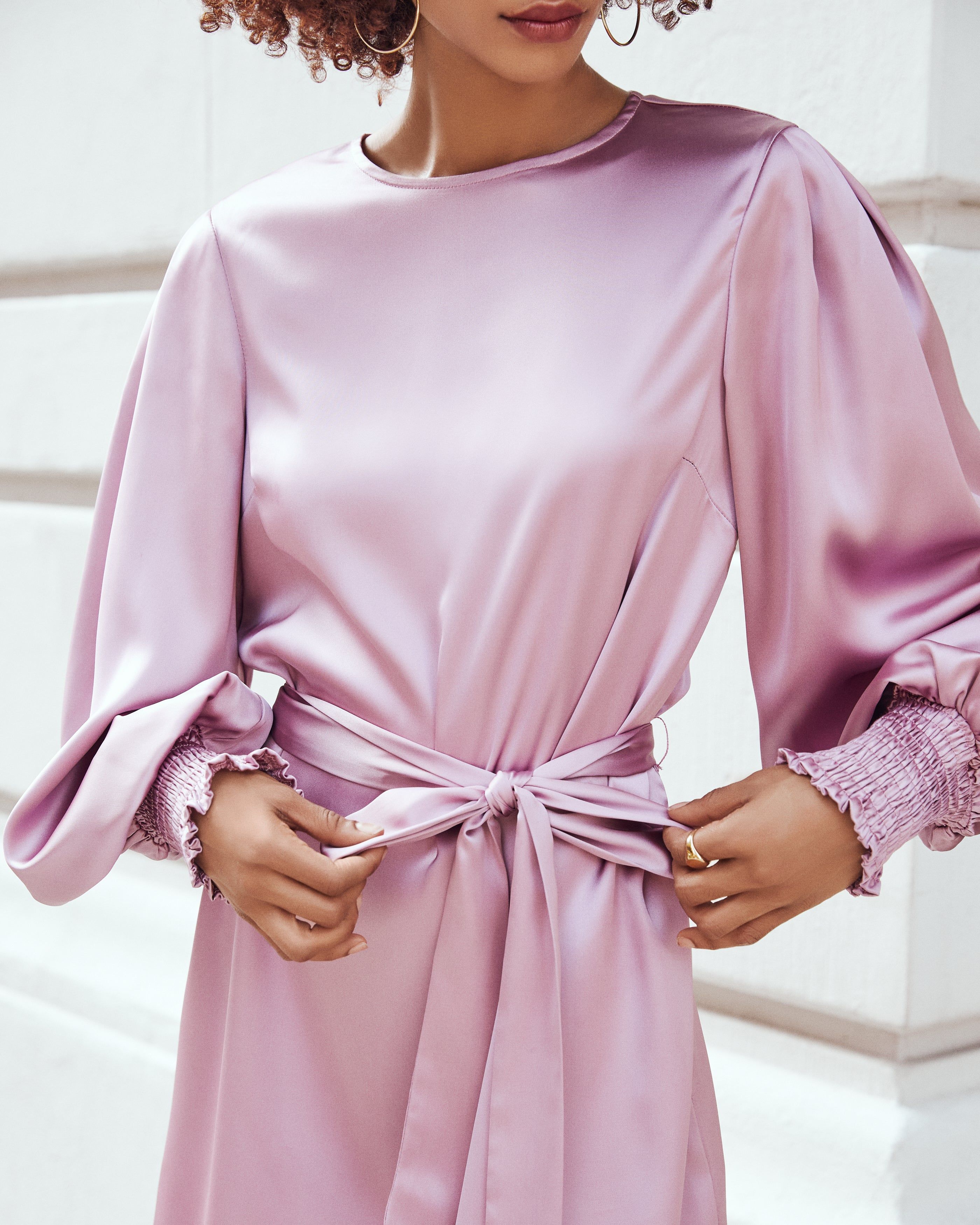 Zahra Satin Smocked Tie Dress - Pink - FINAL SALE sold by Vici product image thumbnail 4