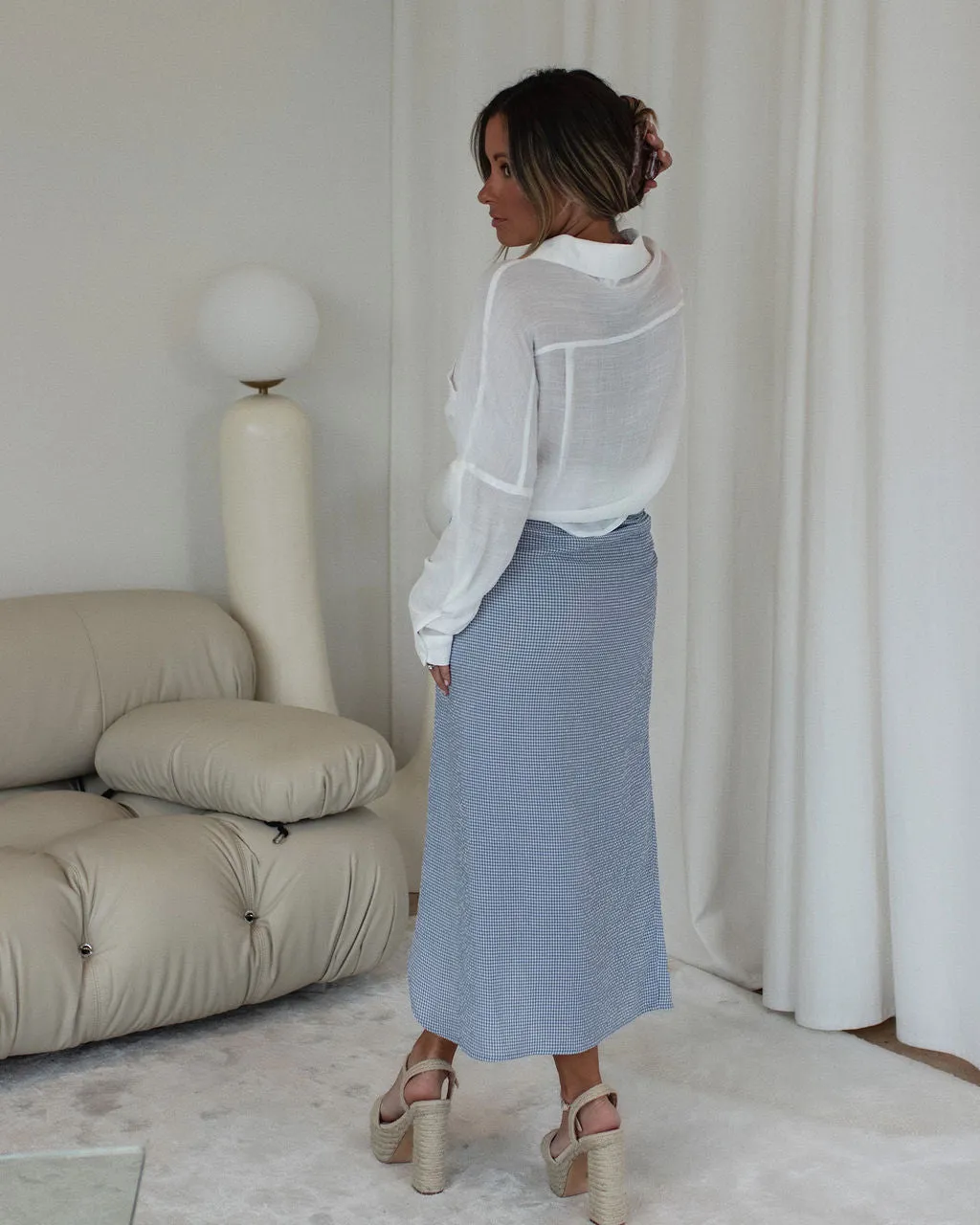 Amelie Gingham Side Tie Midi Skirt sold by Vici