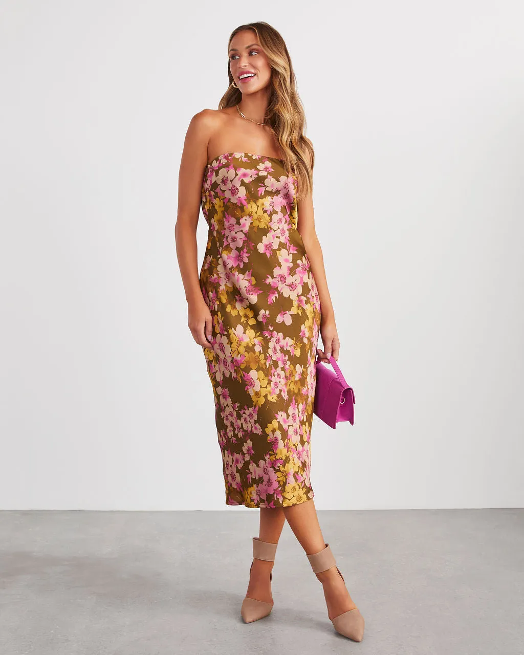 Laressa Satin Strapless Floral Midi Dress sold by Vici