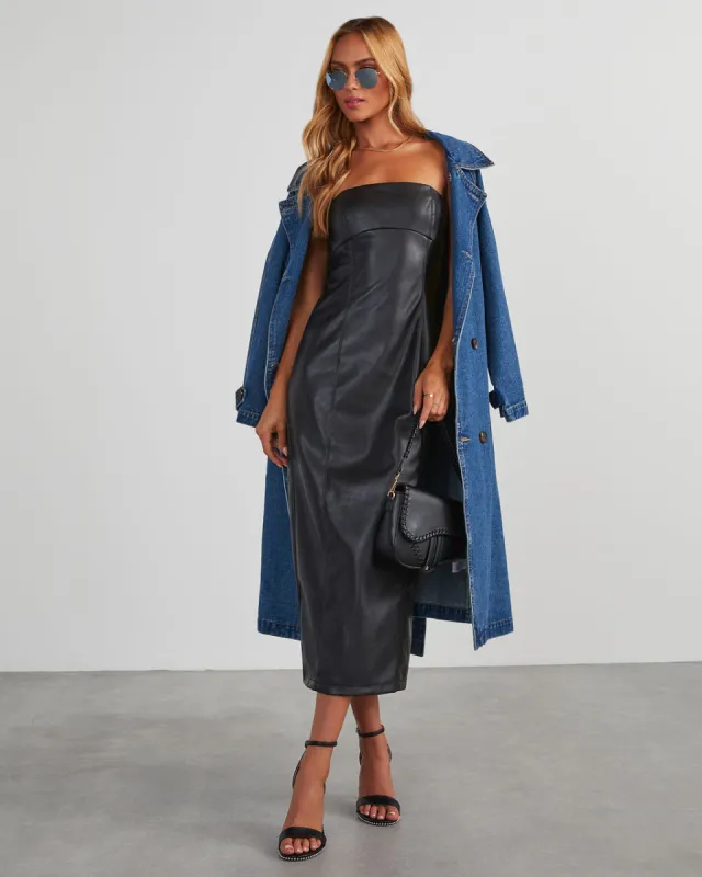 Reeva Strapless Faux Leather Midi Dress sold by Vici