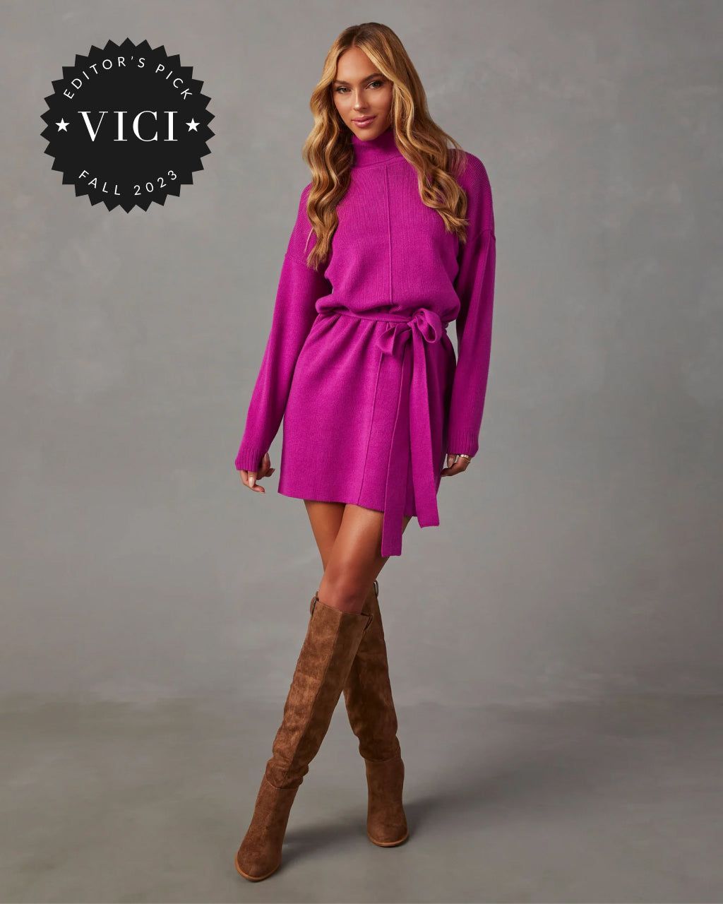 Marsella Tie Waist Mini Sweater Dress - Magenta sold by Vici