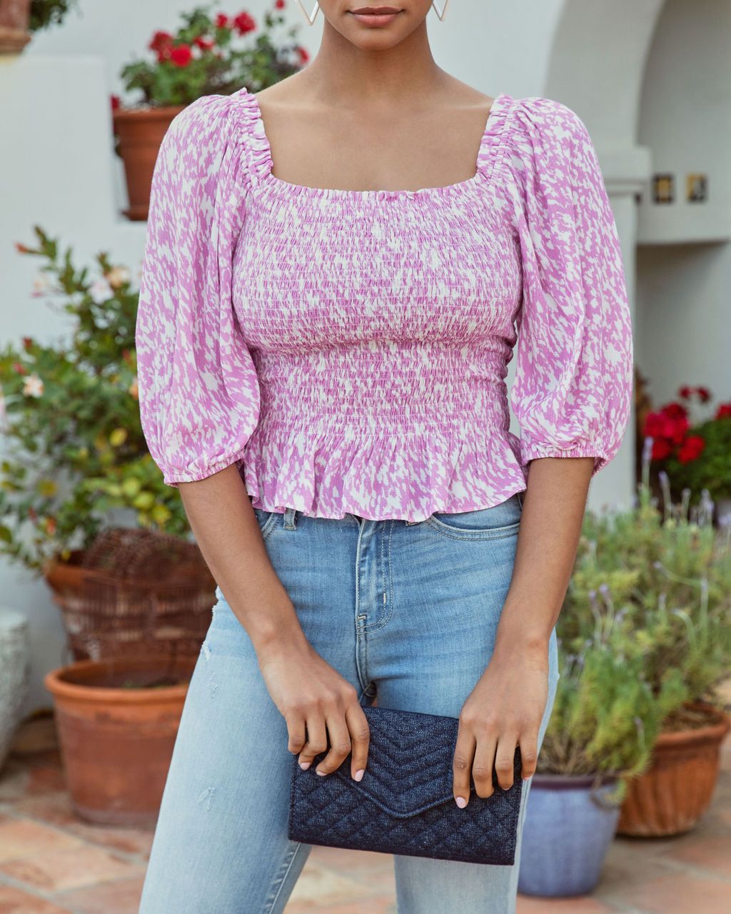 Spring Blossom Smocked Printed Peplum Top - Pink/White - FINAL SALE sold by Vici product image thumbnail 2