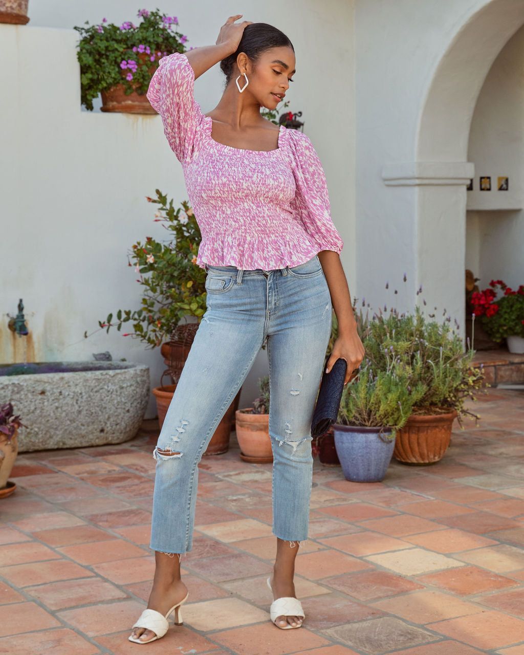 Spring Blossom Smocked Printed Peplum Top - Pink/White - FINAL SALE sold by Vici product image thumbnail 6
