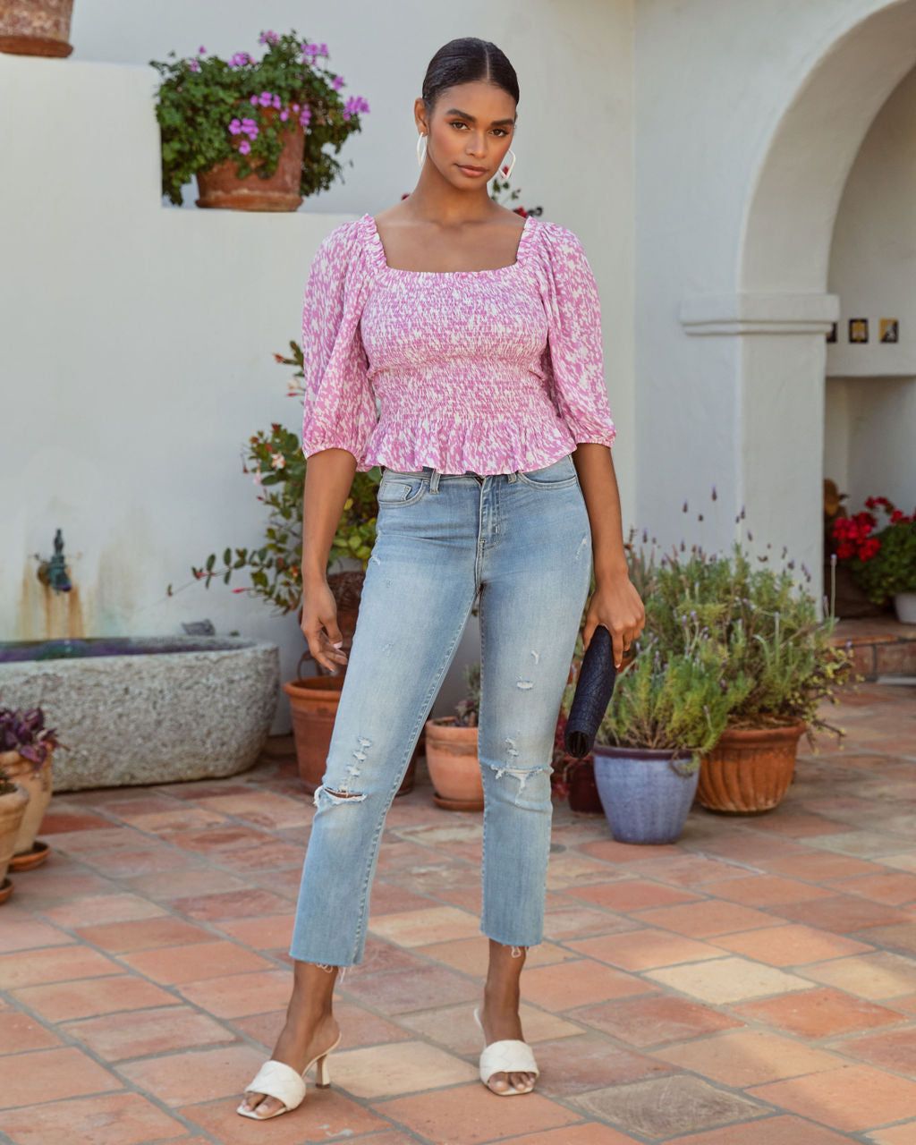 Spring Blossom Smocked Printed Peplum Top - Pink/White - FINAL SALE sold by Vici product image thumbnail 3