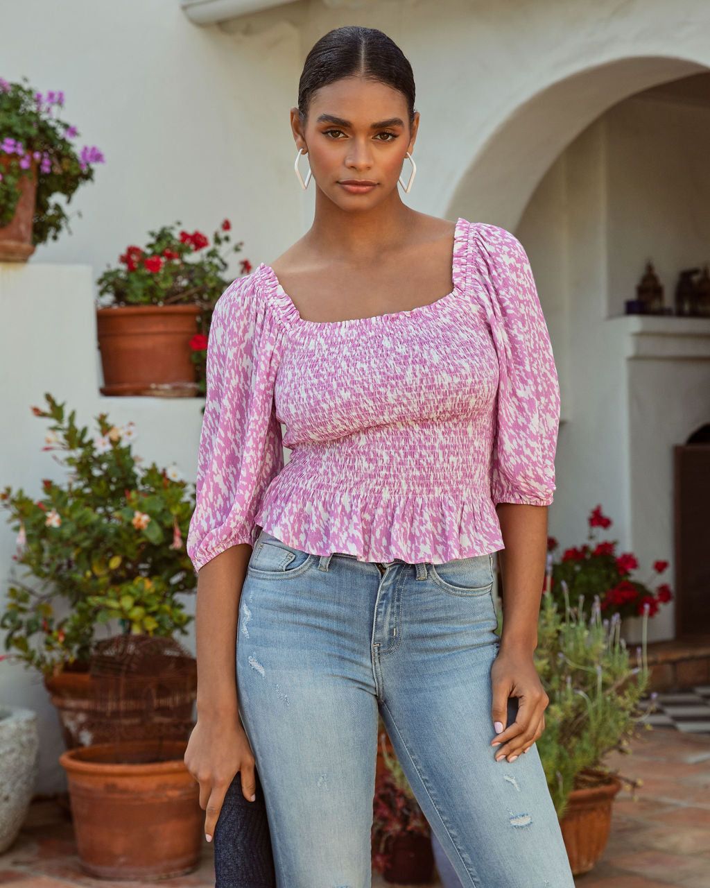 Spring Blossom Smocked Printed Peplum Top - Pink/White - FINAL SALE sold by Vici